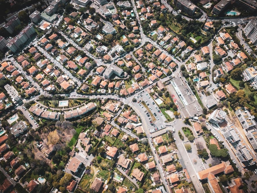 Aerial view of a residential neighborhood